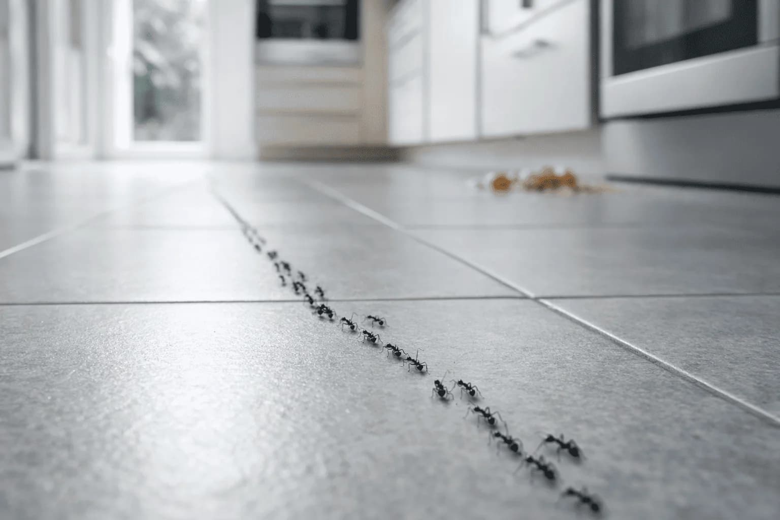 Ameisenstraße auf dem Küchenboden – Ameisen marschieren in einer Reihe